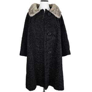 Vintage Astrakin Lepshire Lambs Curl Wool Mink Collar Coat Made in France, Large